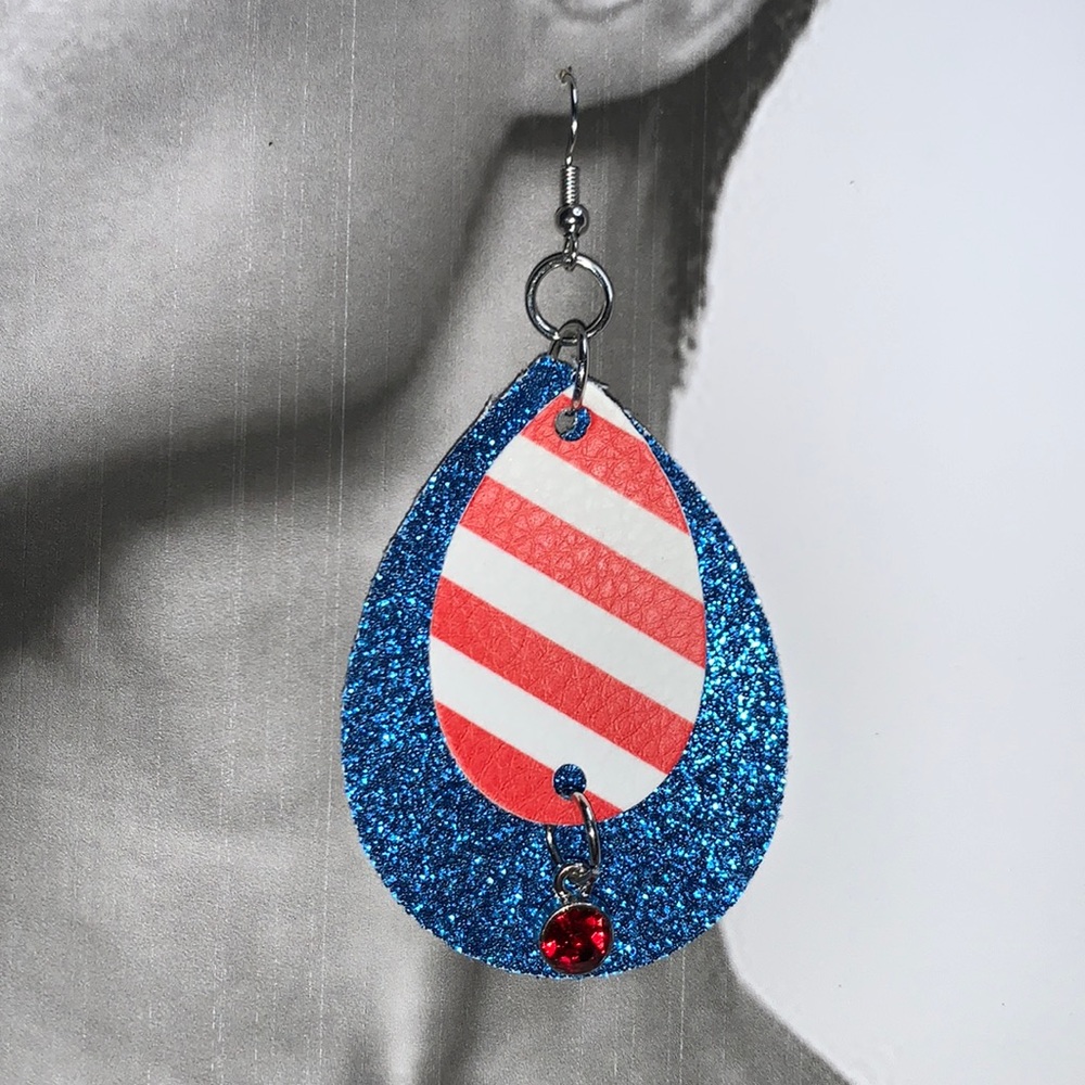 Patriotic American Red White and Blue Faux Leather Dangles Red Crystal Gem